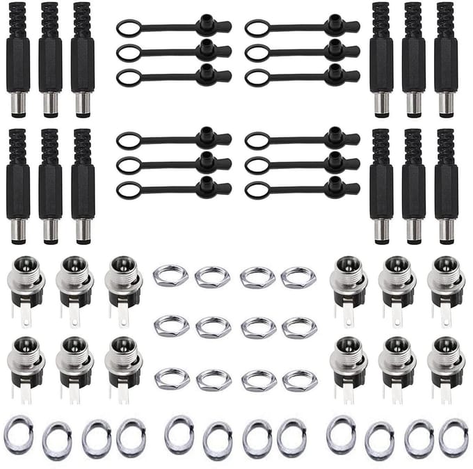 RUNCCI-YUN DC Male Plug Connector Set 5.5mm x 2.1mm met Schroefpaneel en Rubber Caps