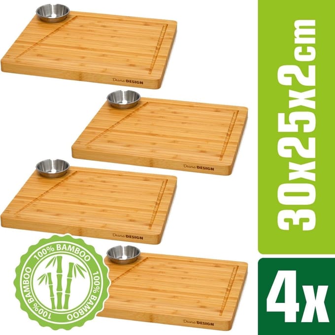 Set van 4: Bamboe Eetplank met Dipschaal - 30x25 cm Houten Steakbord Serveerplank Biefstukbord