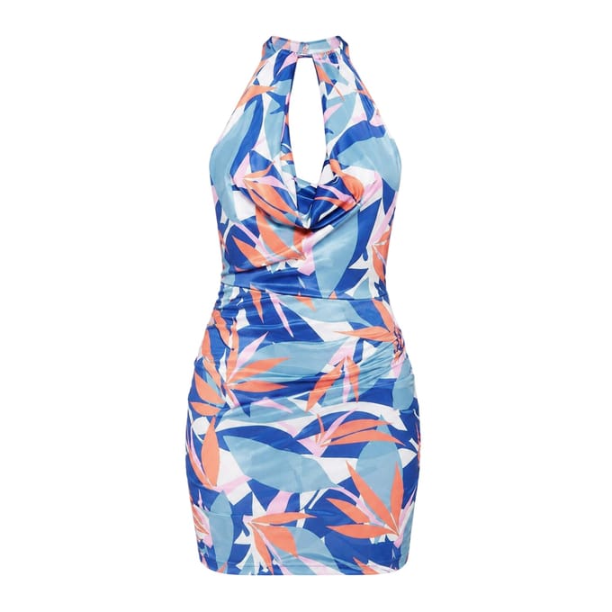 Missy Empire Dames Slinky Abstract Halternek Mini Jurk (Blauw/Multikleur)