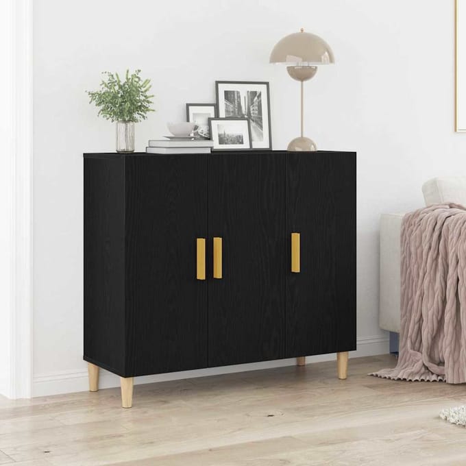 vidaXL - Dressoir - Zwart - Eiken - 90 - x - 34 - x - 80 - cm - Bewerkt - hout
