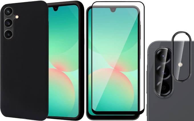 Hoesje geschikt voor Samsung Galaxy A17 5G / A26 - Screenprotector Volledig Dekkend Glas & Camera Protector - Mat Back Case Zwart