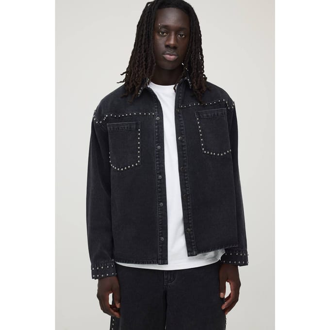 Denim Overshirt Met Studs | Washed Black | Size Small