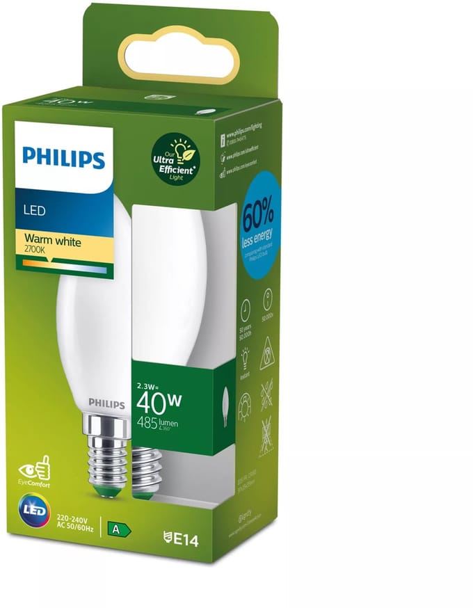 Philips Ultra Efficient LED - Kaarslamp - Mat - 40W - E14 fitting - Dimbaar warmwit licht - Energielabel A