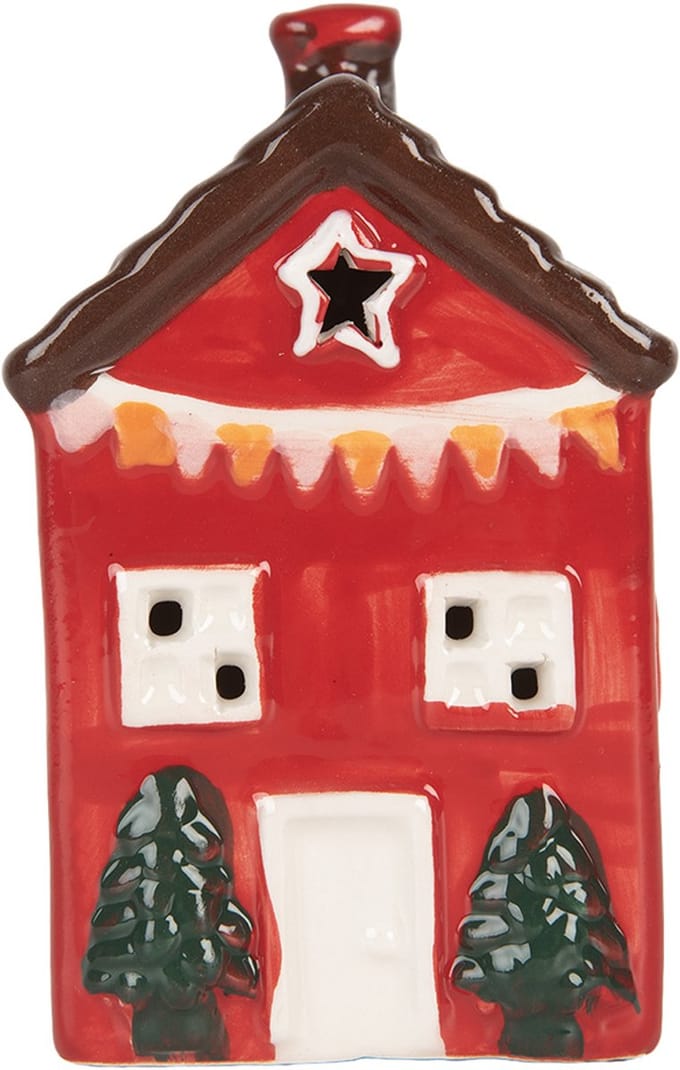 Clayre & Eef Decoratie Huis met LED LED 6x6x11 cm Rood Keramiek