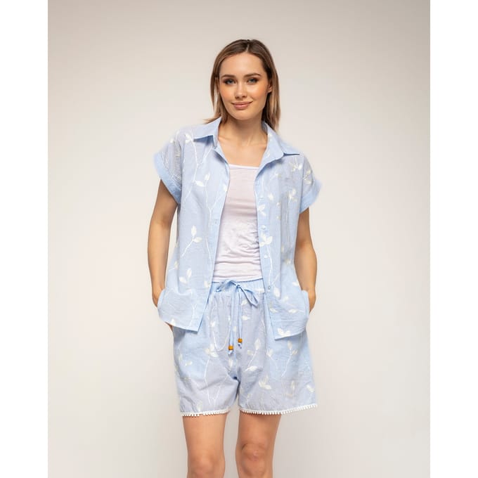 Gestreepte blouse met borduursels en korte mouwen met omslag