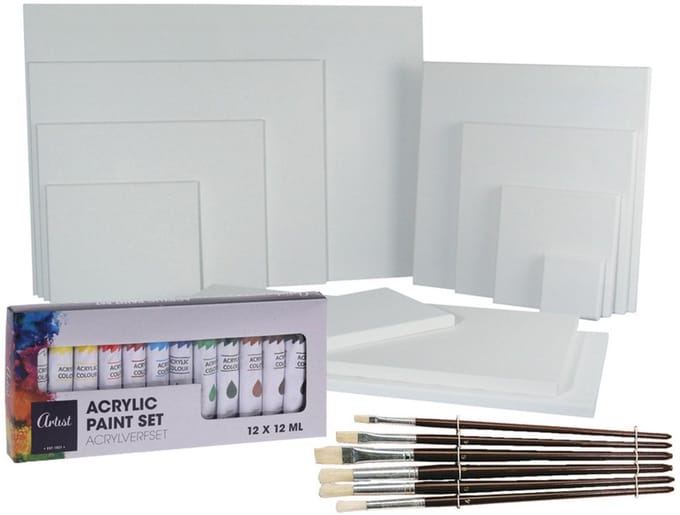 Kinder schilderen/verf set compleet - 4 artikelen - kwasten / verf / 2x canvas doeken van 30 x 30 cm