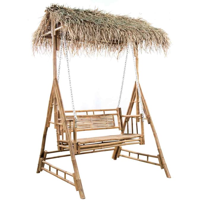 vidaXL - Schommelbank - 2-zits - met - palmbladeren - en - kussen - 202 - cm - bamboe
