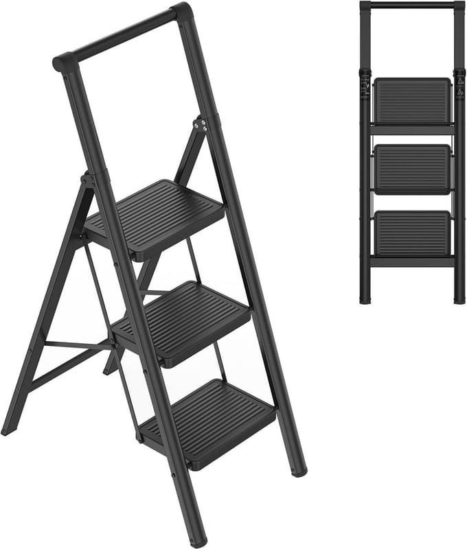 Inklapbare Stepladder 3 Treden met Veiligheidsbeugel en Brede Voetsteunen