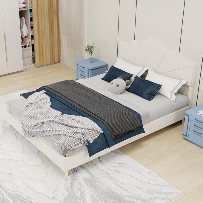MODFU - Bedframe 140x200 cm – Gestoffeerd met geometrisch design – Beige