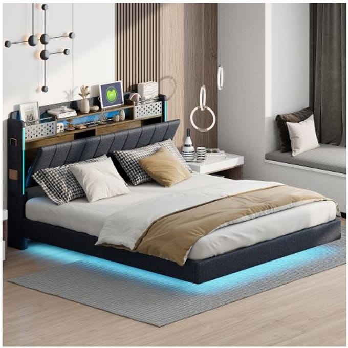 Lit rembourré - MUVOE - 160x200 cm - Éclairage LED - Prise USB - Rangement intégré gris