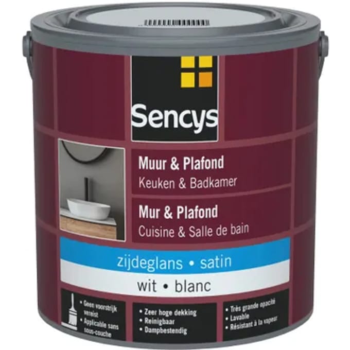 Sencys Muur- & Plafondverf Keuken & Badkamer Wit Satijn 2,5l