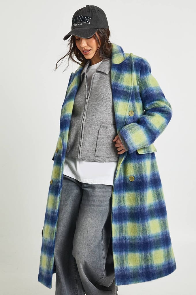 boohoo Dames Check Dubbelgebreide Jas met Wol-look | Blue | Maat: 8