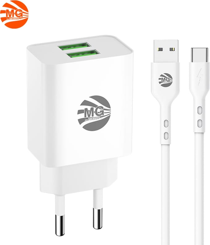 MG - USB Adapter Met Kabel - 2,4A - Snel lader Met Kabel - 2x USB Poort Met 1m Kabel - Usb To Type-C - Wit