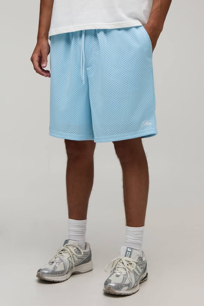 Wijdvallende Mesh Jersey Short Voor Heren Met Script Opdruk | Blue | Size Small