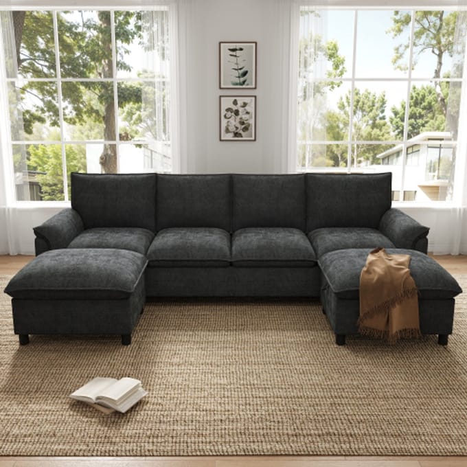 Modulares U Form Sofa - Cloud Ecksofa Mit 2 Hockern Und Stauraum - Tief Sitz Sofa Chenille Schwarz 4 Sitzer
