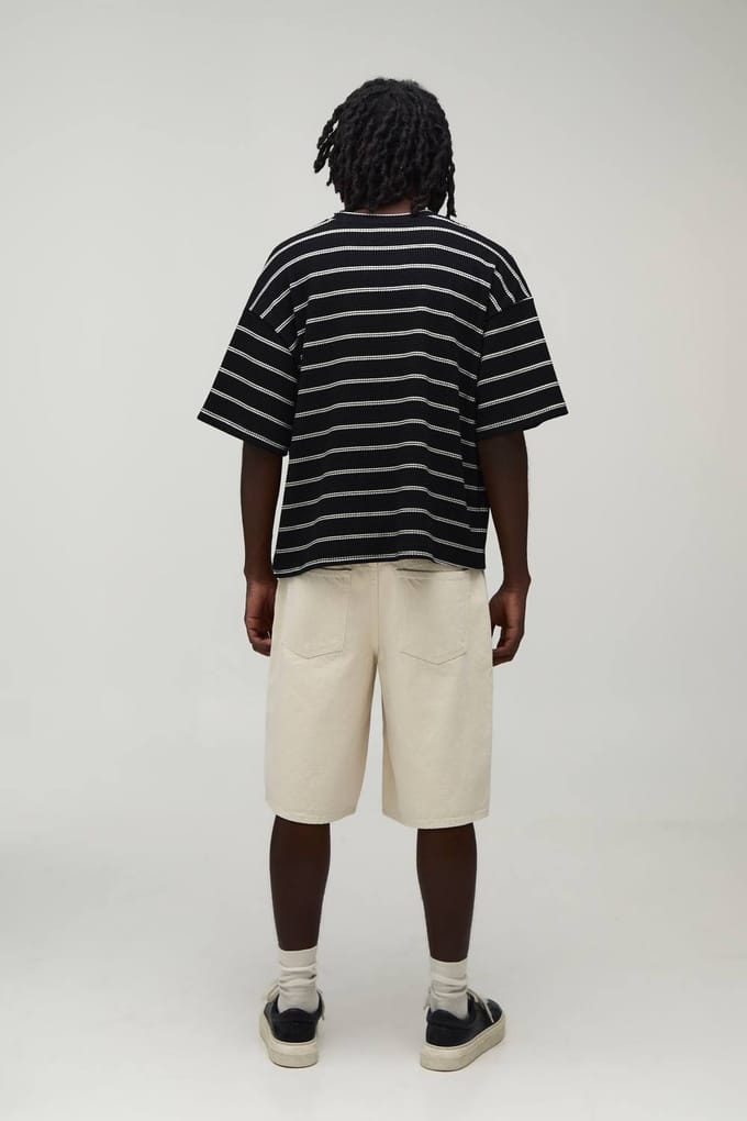 Oversized Boxy Gestreept Wafel T-shirt | Black | Size Medium