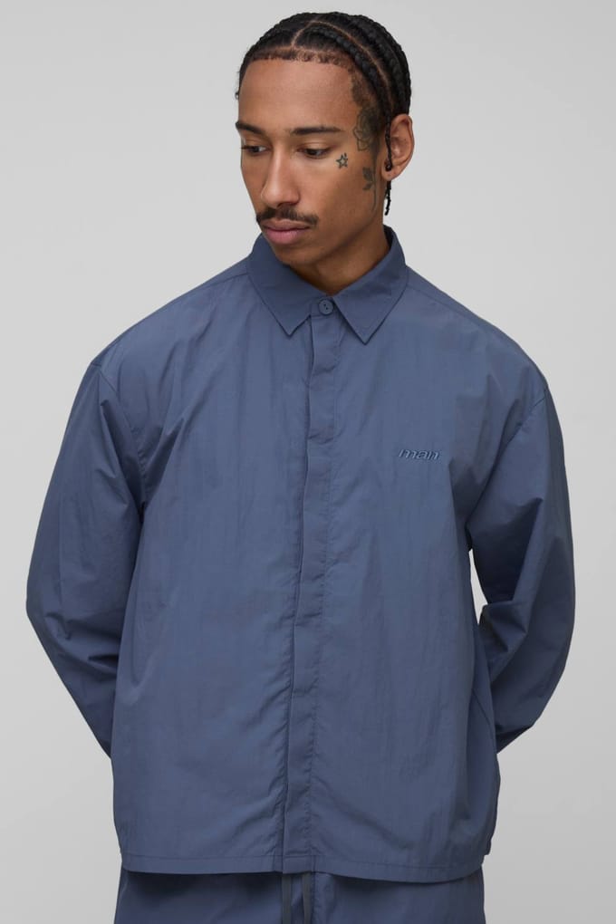 Oversized Verborgen Knopplooi Gerimpeld Overhemd | Slate Blue | Size Medium
