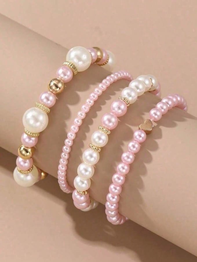 Dames Elegante Nep Parel Kralen Armbanden Combinatie Mode Feest Accessoires one-size roze