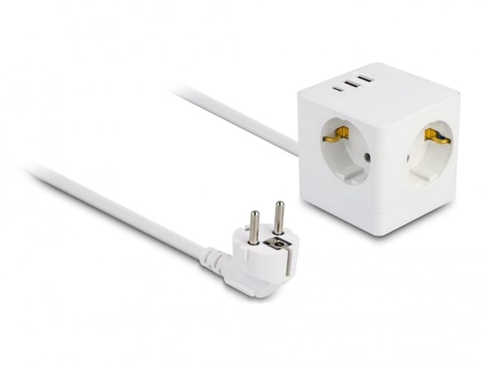 Delock Extension Socket Cube 3-way with childproof lock and USB charger, 1.5 m cable, white