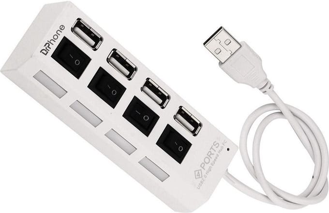 DrPhone PH1 – Usb Hub 2.0 – 4 poorten - Aan / Uit Schakelaar – Geschikt voor Computer en Laptops – Wit