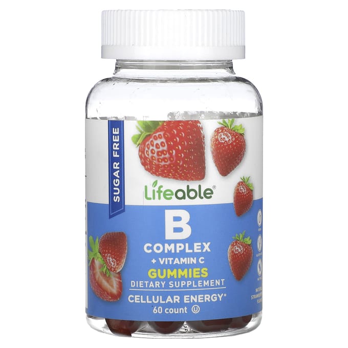 Lifeable, gommes au complexe B + vitamine C, sans sucre, arôme naturel de fraise, 60 gommes
