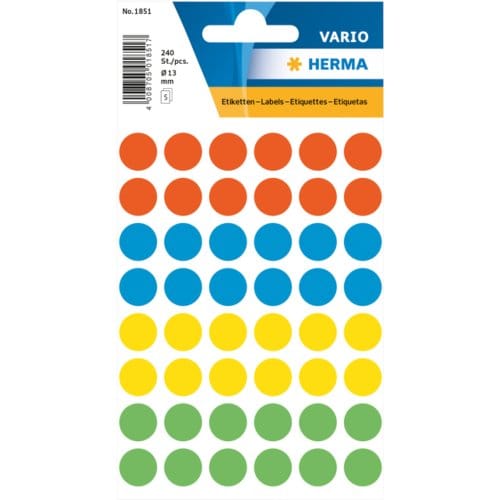 HERMA 1851 UNIVERSELE ETIKETTEN Ø12MM ASSORTI KLEUREN