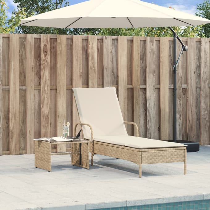 vidaXL - Ligbed - met - wielen - en - kussen - poly - rattan - beige
