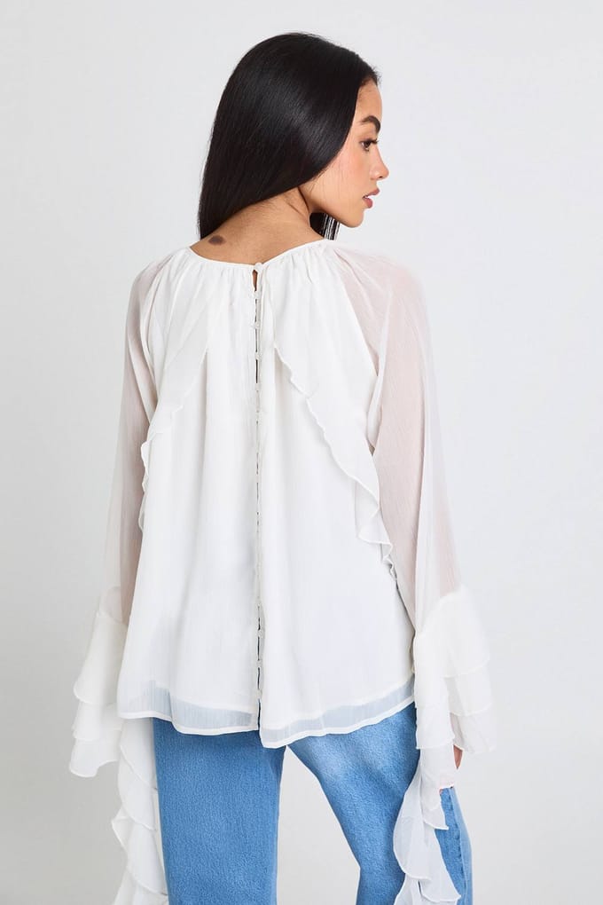 boohoo Dames Chiffon blouse met ruches en knoopsluiting aan de achterkant | Cream | Maat: 6