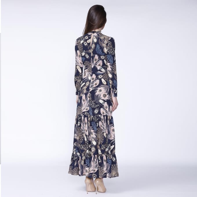 Boheemse stijl lange jurk met ruches en veren print