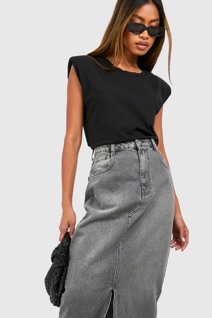 boohoo Dames Gespleten denim maxi rok | Mid Grey | Maat: 6