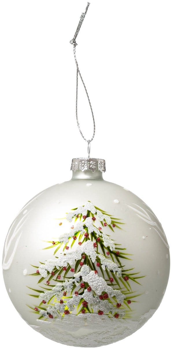 JJA - Kerstbal van glas met dennenboom motief 8 cm wit glinsterend