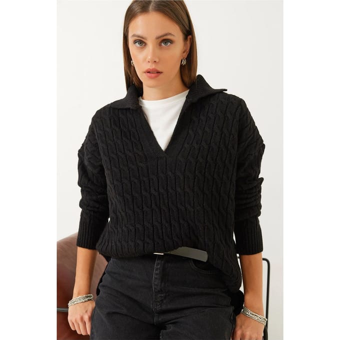 Relaxed Fit Textured V-Hals Trui