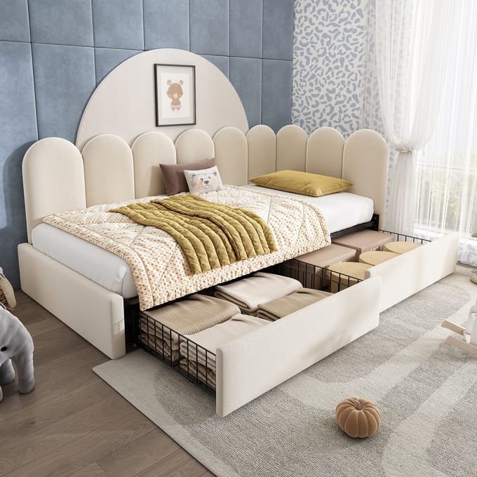 Sweiko Gestoffeerd bed - 90x200 cm - 2 lades - Fluweel - Slaapbank - Kinderbed - Beige