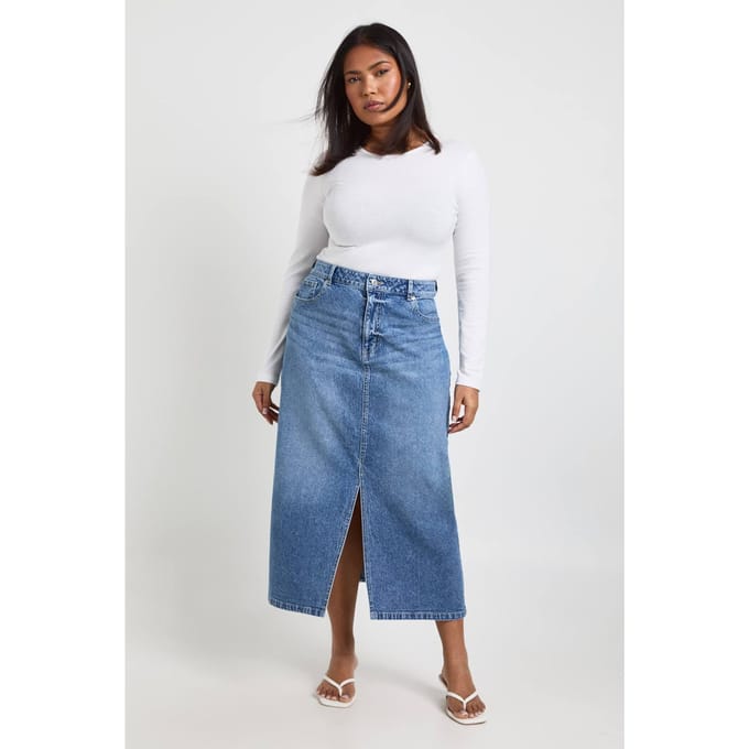 boohoo Dames Plus Denim Midaxi-rok | Mid Wash | Maat: 16