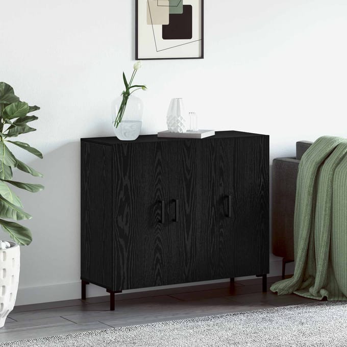 vidaXL - Dressoir - Zwart - Eiken - 90 - x - 34 - x - 80 - cm - Bewerkt - hout
