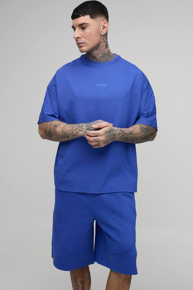 Tall Oversized Panelled Men's Geborduurd T-shirt En Short Set | Cobalt | Size Medium