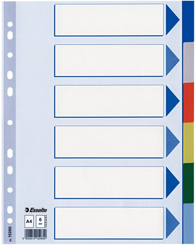 Esselte 6 gekleurde tabbladen, PP, A4 (ref15260) Omdoos van 20 sets