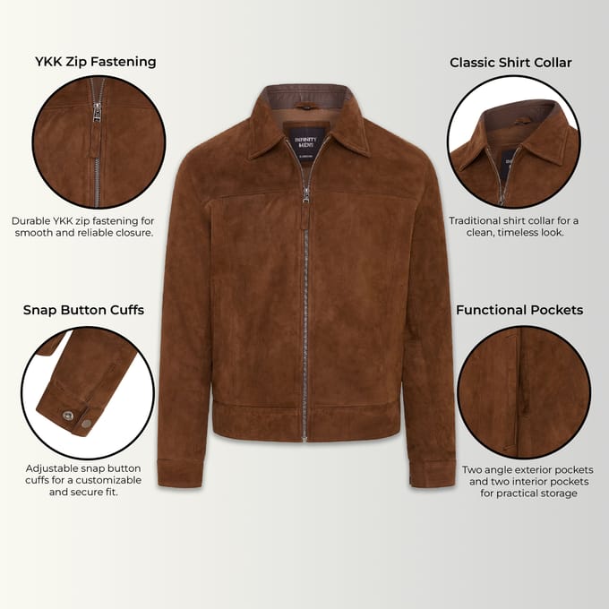 Heren Bruin Retro Klassiek Suède Leren Harrington Bikerjack - Bryne