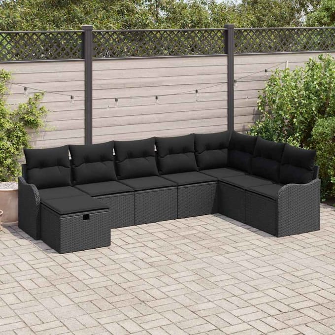 vidaXL Bankstel met kussen met opslag Zwart poly rattan