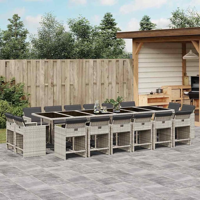 vidaXL - 17-delige - Tuinset - met - kussens - poly - rattan - lichtgrijs