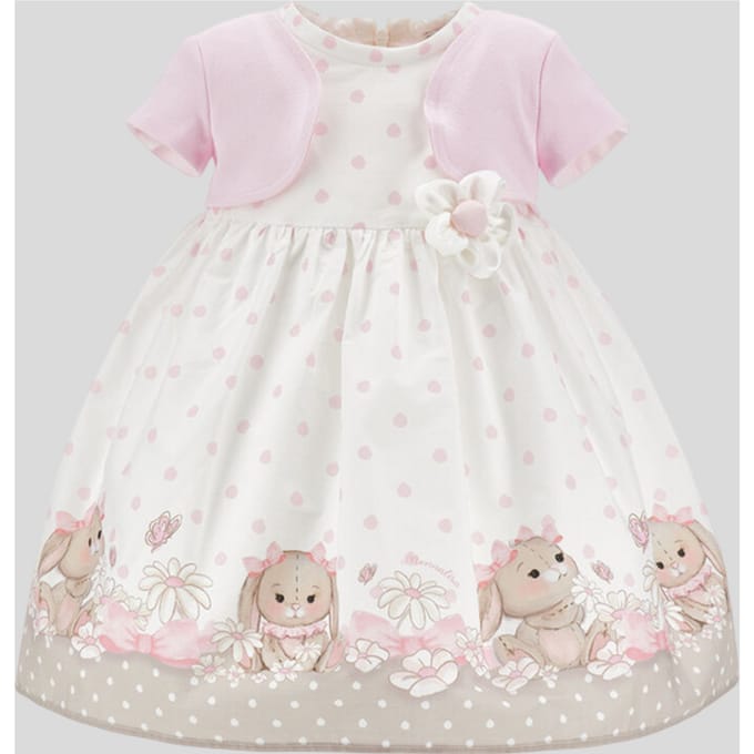 jurk polka stip bloem wit-roze