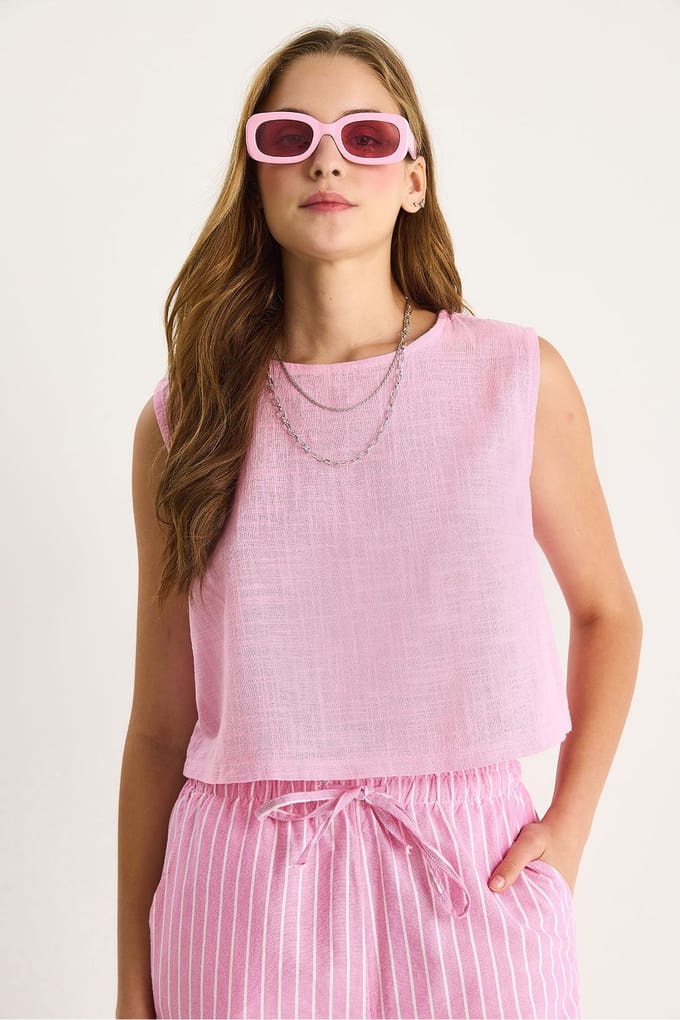 Linnenmix Korte Mouw Crew Neck Blouse