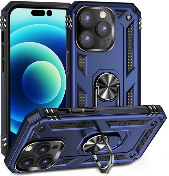 MobyDefend Hoesje - Geschikt voor iPhone 14 Pro Max - Pantsercase Met Draaibare Ring - Blauw