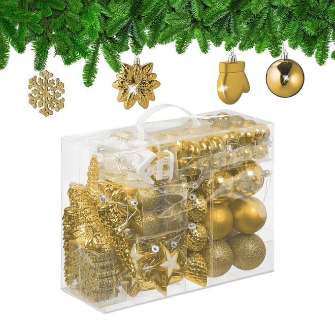 Kerstballen set van 100 - plastic - mat - glanzend - glitters - 10 designs - goud