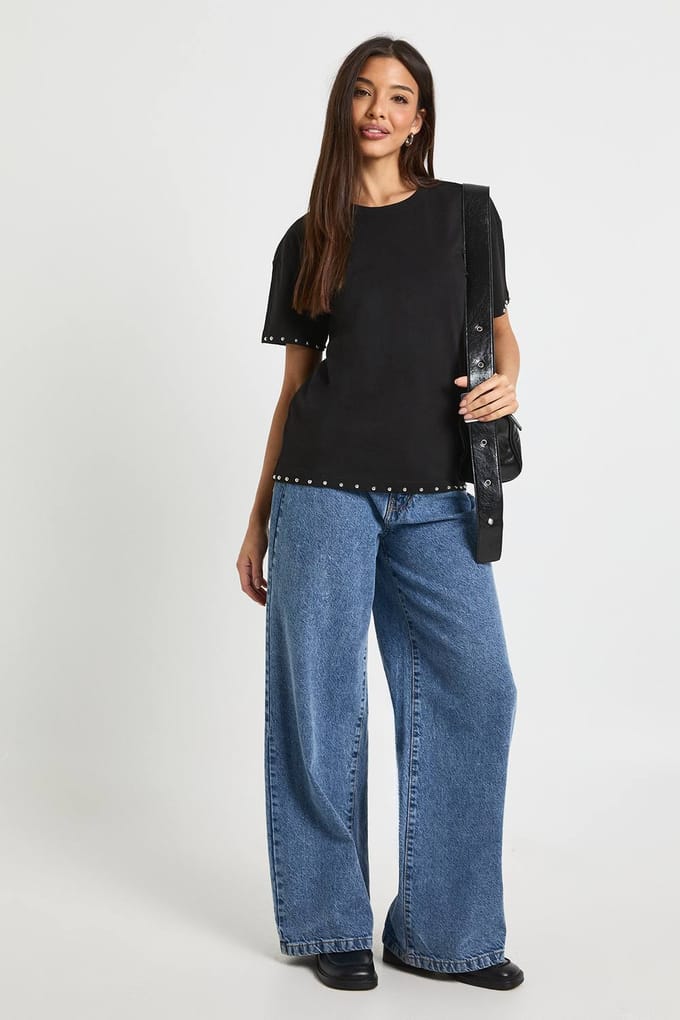 boohoo Dames Oversized T-shirt met studdetails | Black | Maat: 6