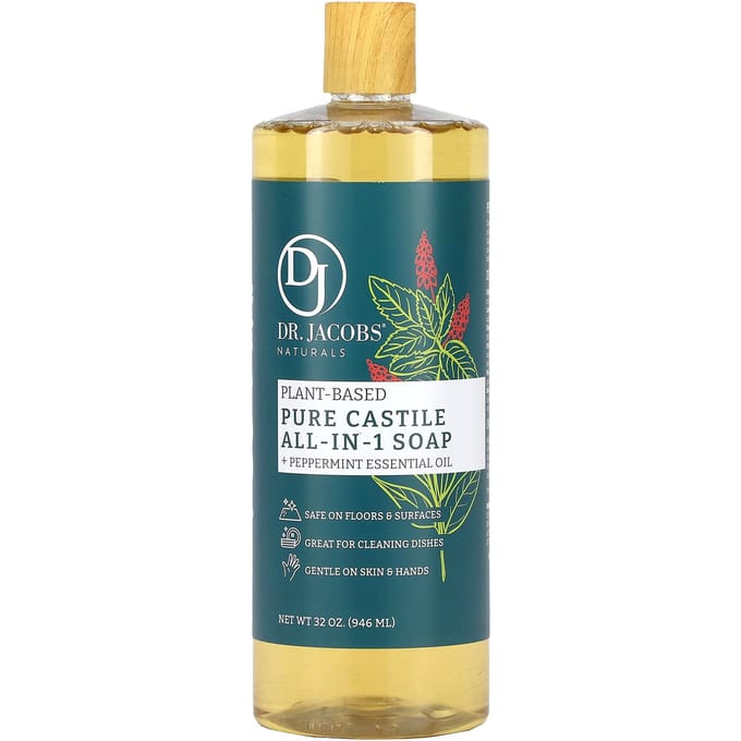 Dr. Jacobs Naturals, Savon de Castille botanique pur tout-en-un, huile essentielle de menthe poivrée, 940 ml (946ml) gray