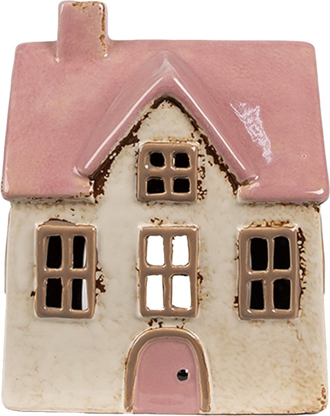 Clayre & Eef Waxinelichthouder Huis 13x10x16 cm Beige Roze Keramiek
