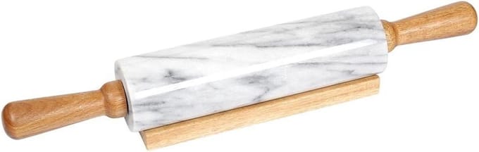 Deegroller Marmer - Bakgereedschap - Taarten Bakken - Houten Handvatten - 46 cm Lengte - Off-White