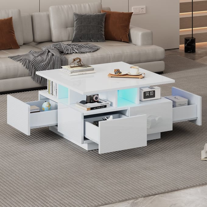 Sweiko Salontafel - Hoogglans - LED-verlichting - met 4 lades - Wit