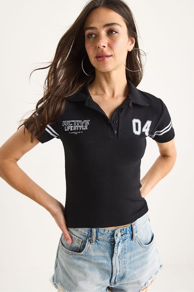Geprinte Polo Kraag Aansluitende Korte T-Shirt
